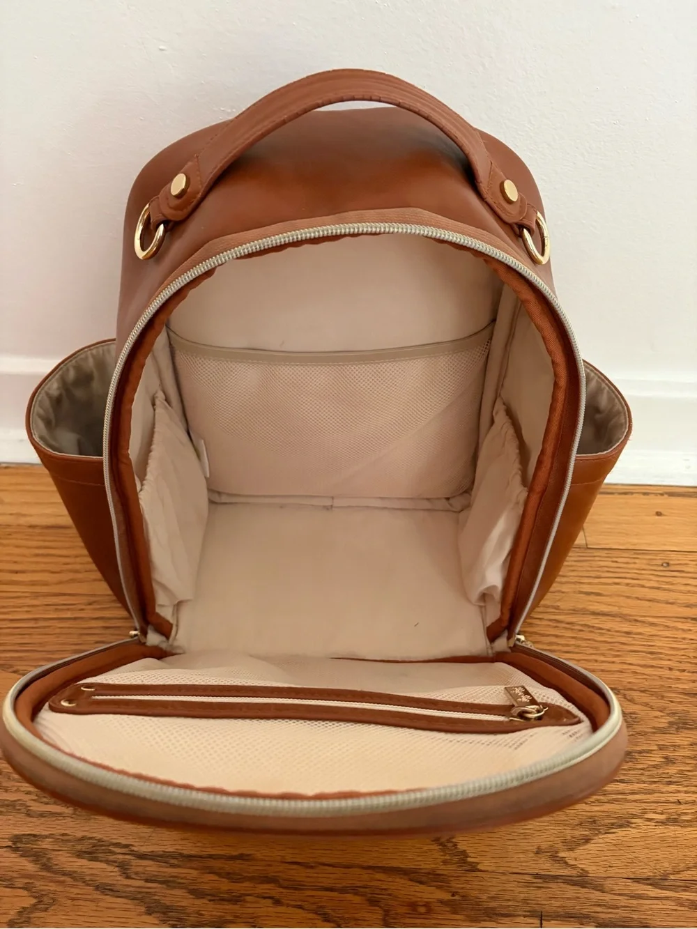 Itzy Ritzy Tan Vegan Leather Diaper Bag Backpack +Changing Pad with Gold Accents
